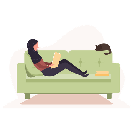 Girl reading book on sofa  Illustration