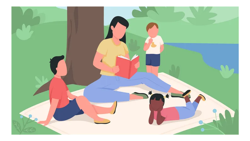 Girl reading book to kids in the park flat color vector illustration  Illustration