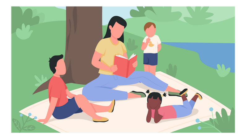 Girl reading book to kids in the park flat color vector illustration  Illustration