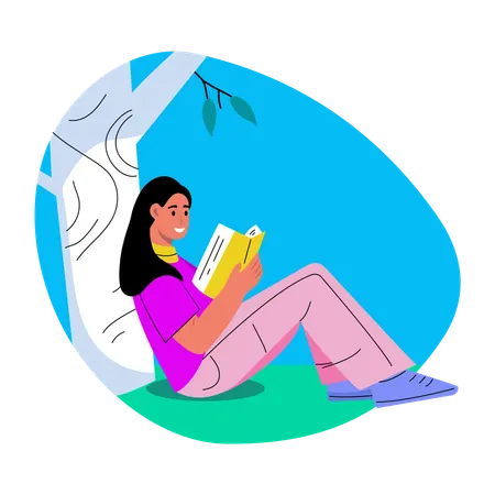 Girl reading book under tree  Illustration