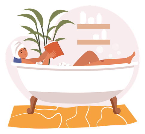 Girl reading book while bathing  Illustration