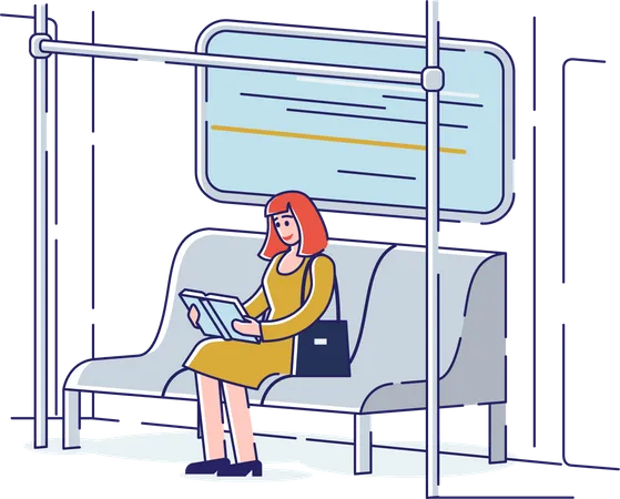 Concept Of Education Read Books Literature Fans Or Lovers Book Festival Of Students Happy Young Girl Is Reading Books At Public Transport Cartoon Linear Outline Flat Style Vector Illustration Illustration