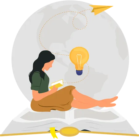 Girl reading book while generating ideas  Illustration