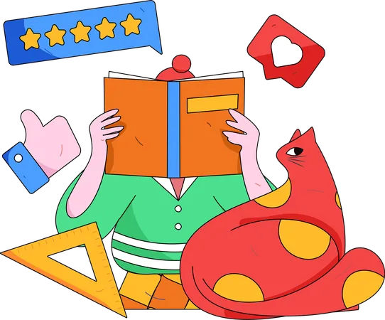 Girl reading book while giving book review  Illustration