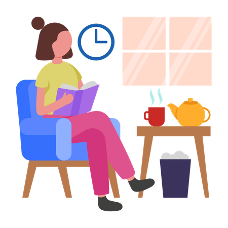 Girl reading book while having tea  Illustration