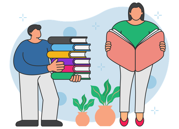 Girl reading book while man standing with books  Illustration