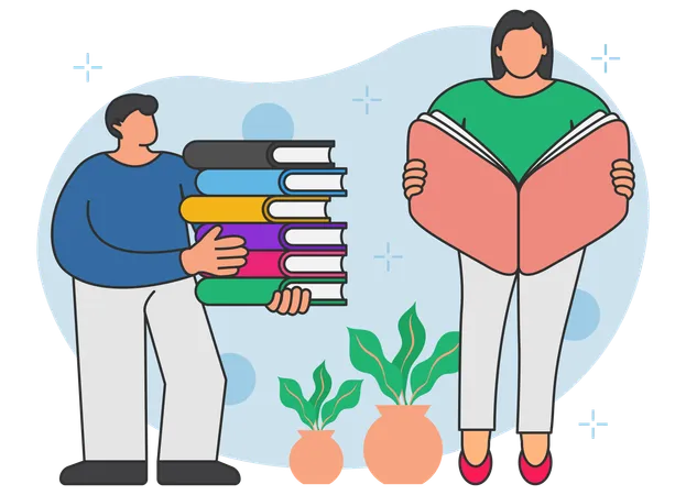 Girl reading book while man standing with books  Illustration