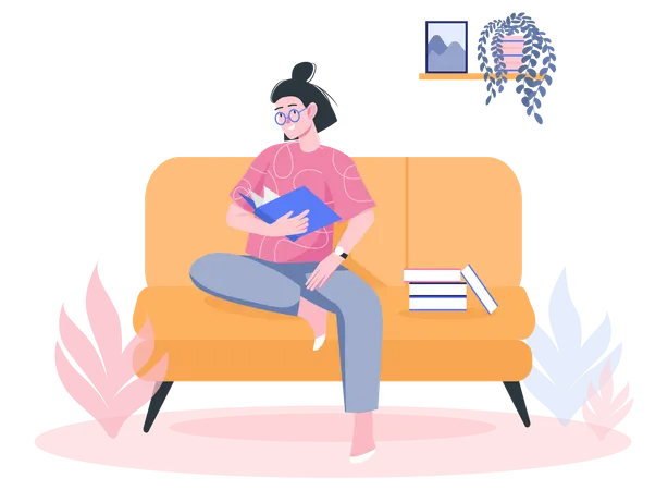 Girl reading book while on the sofa  Illustration