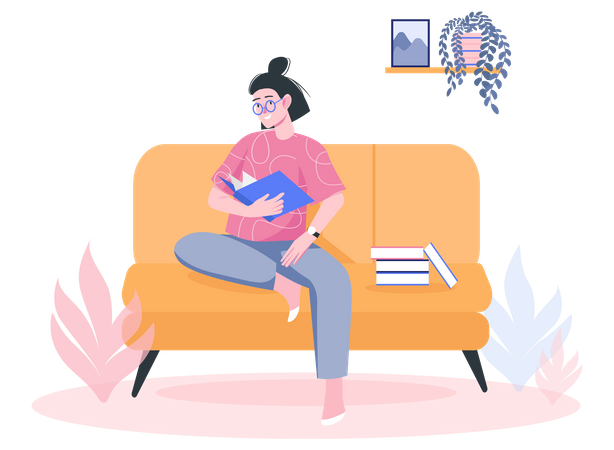 Girl reading book while on the sofa  Illustration