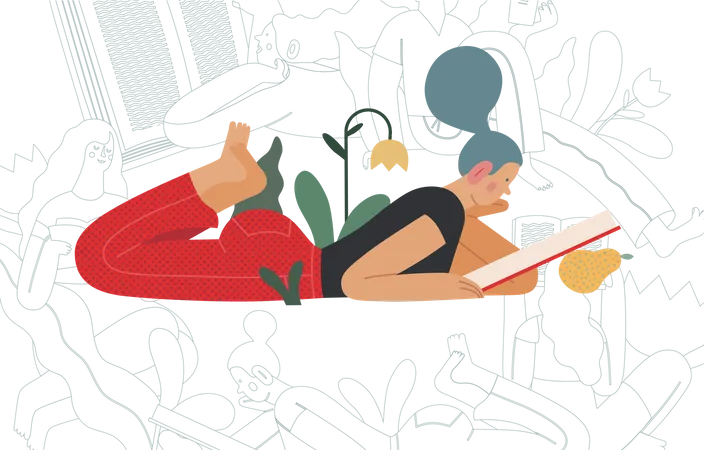 World Book Day Graphics Book Week Events Modern Flat Vector Concept Illustrations Of Reading People A Young Blue Haired Woman Reading A Book Laying Down Surrounded By Plants And Blossom Flowers Illustration