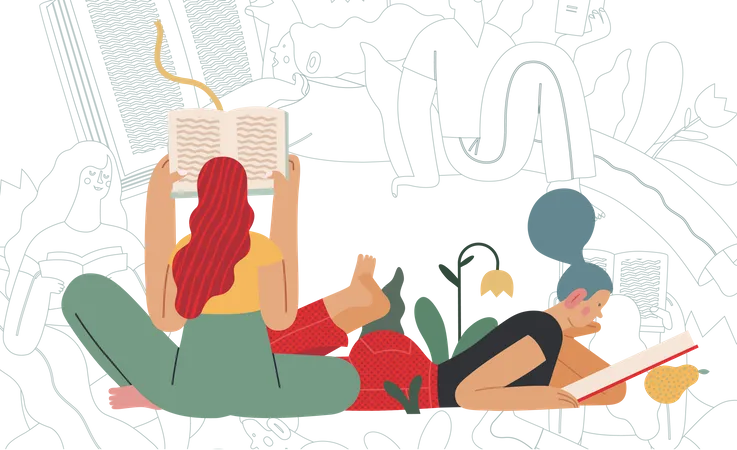 World Book Day Graphics Book Week Events Modern Flat Vector Concept Illustrations Of Reading People A Young Woman Reading A Book Laying Down Surrounded By Plants And Young Sitting Woman Illustration