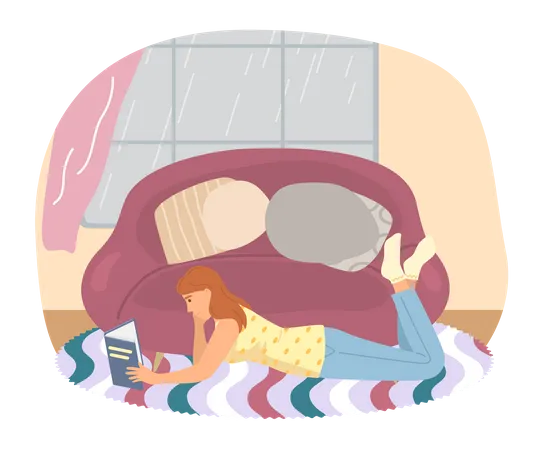 Girl reading book while relaxing on floor Illustration