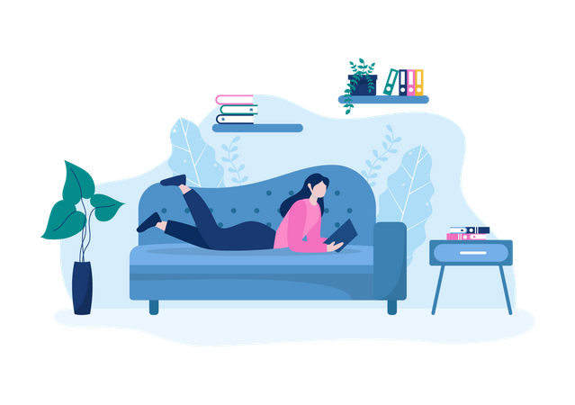 Girl reading book while relaxing on sofa  일러스트레이션