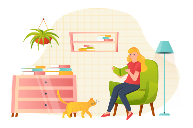 Girl reading book while sitting at home Illustration