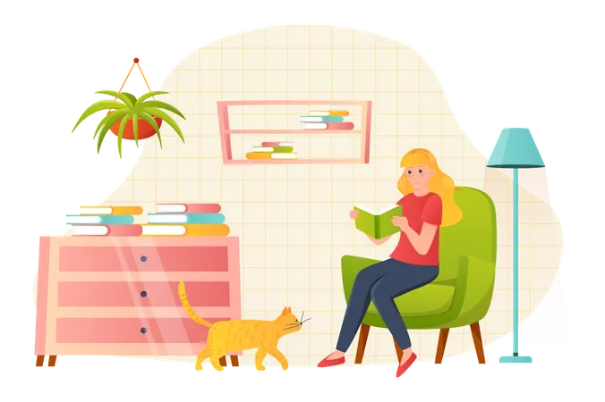 Girl reading book while sitting at home Illustration