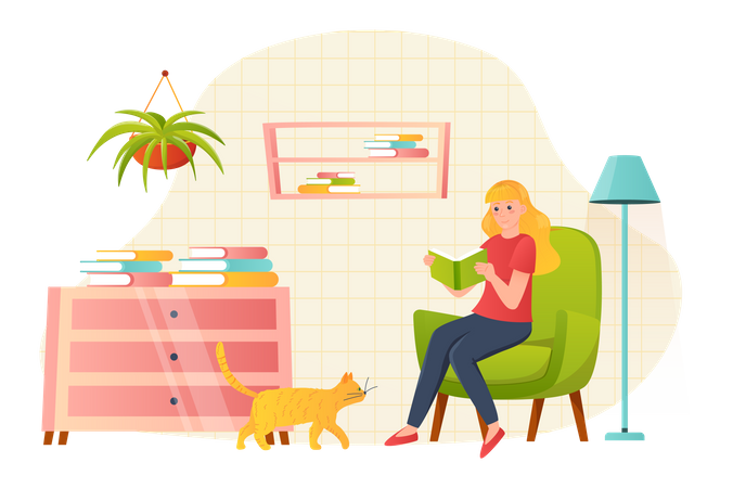 Girl reading book while sitting at home  Illustration