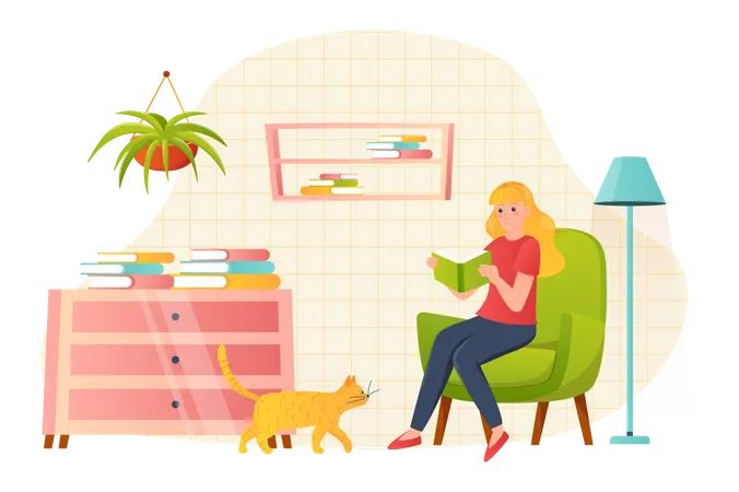 Girl reading book while sitting at home  Illustration