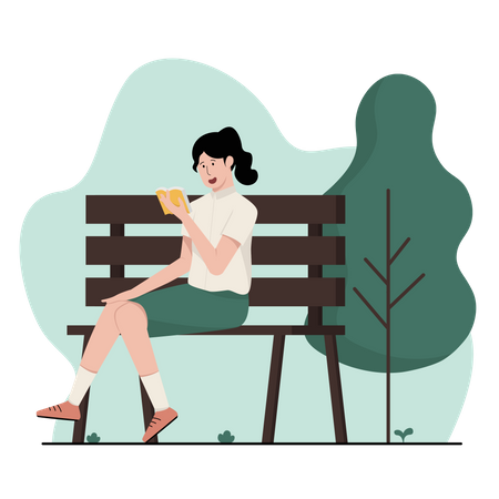 Girl reading book while sitting at park bench Illustration