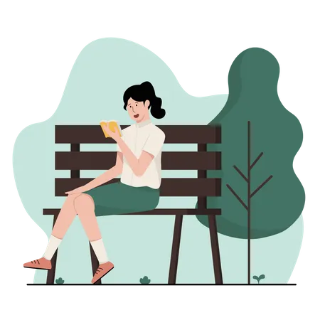 Girl reading book while sitting at park bench  Illustration