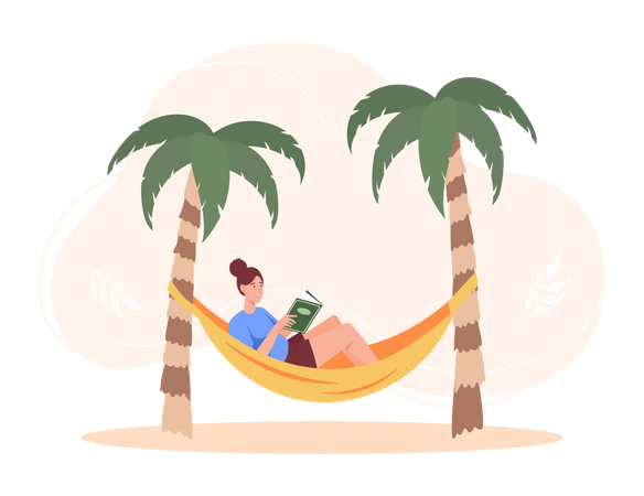 Girl reading book while sitting in hammock  Illustration
