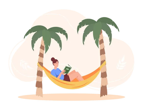 Girl reading book while sitting in hammock  Illustration