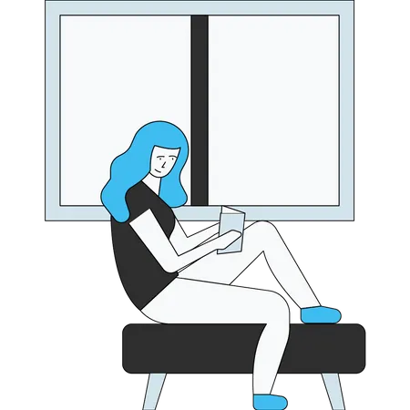 Girl reading book while sitting near window  Illustration