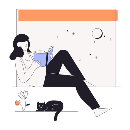 Girl reading book while sitting near window Illustration