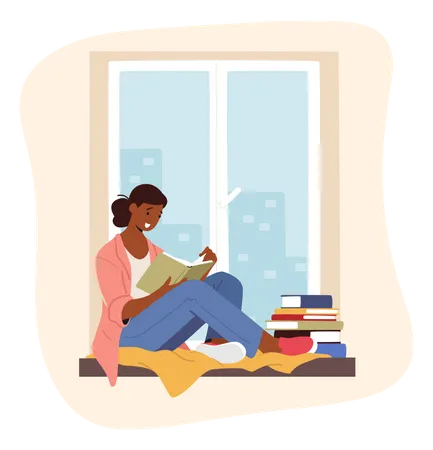 Girl reading book while sitting near window  Illustration