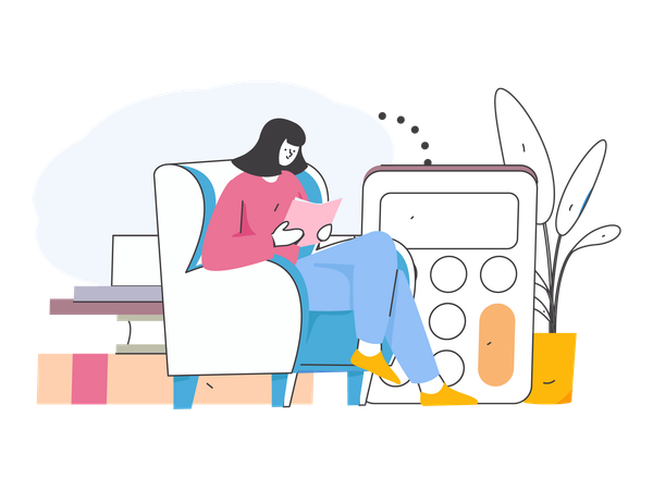 Girl reading book while sitting on couch  Illustration