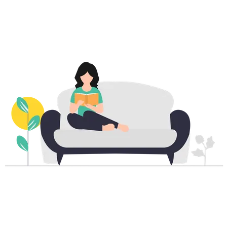 Girl reading book while sitting on couch Illustration