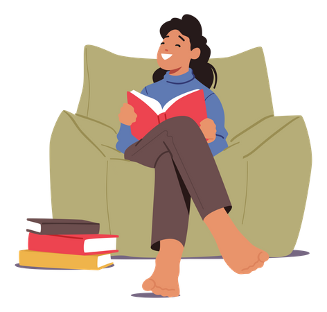 Girl reading book while sitting on couch  Illustration