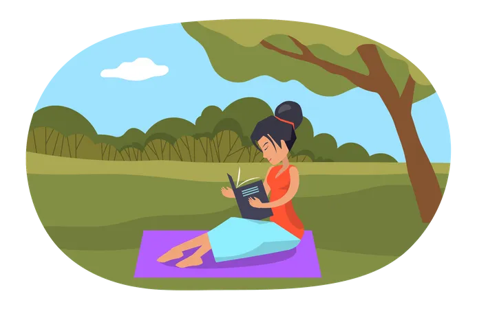 Girl reading book while sitting under tree  Illustration