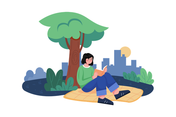 Girl reading book while sitting under tree  Illustration