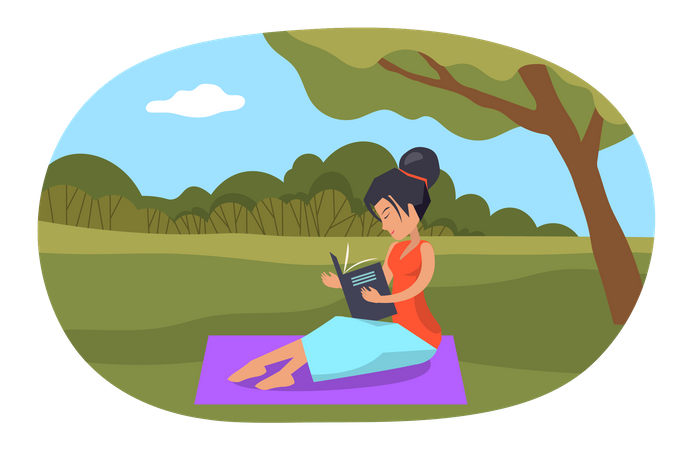 Girl reading book while sitting under tree  Illustration