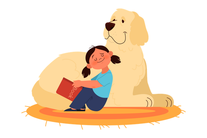 Girl reading book while sitting with pet dog Illustration