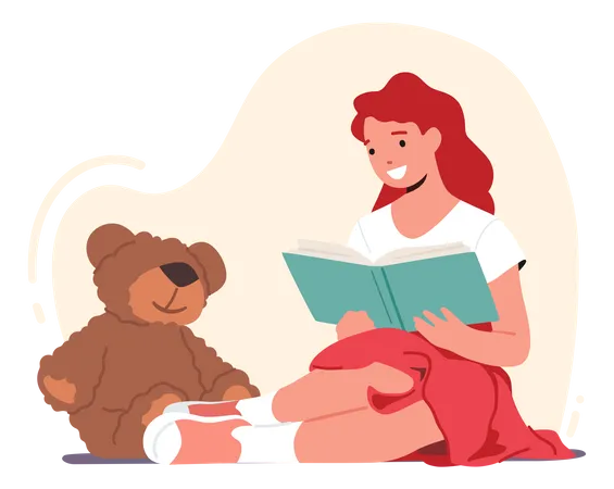 Girl reading book while sitting with teddy bear  Illustration