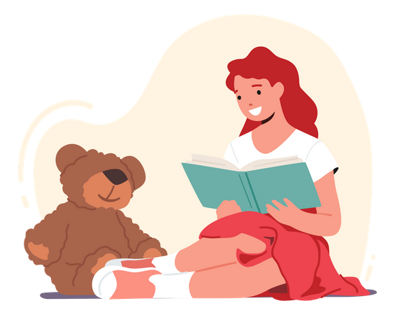 Girl reading book while sitting with teddy bear  Illustration