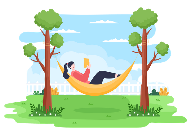 Girl reading book while sleeping in hammock  Illustration