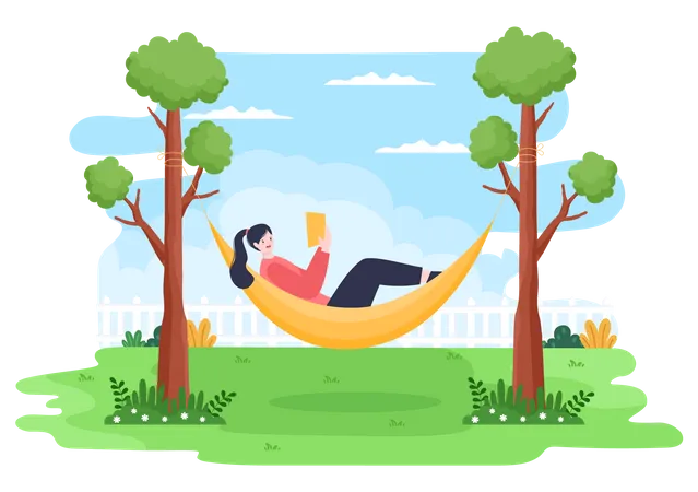 Girl reading book while sleeping in hammock  Illustration