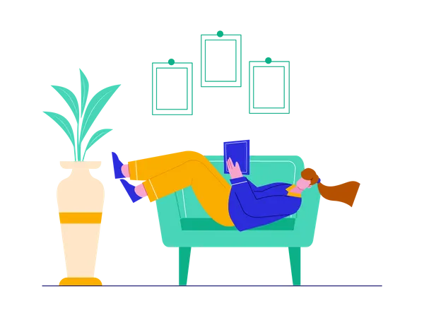 Girl reading book while sleeping on sofa Illustration