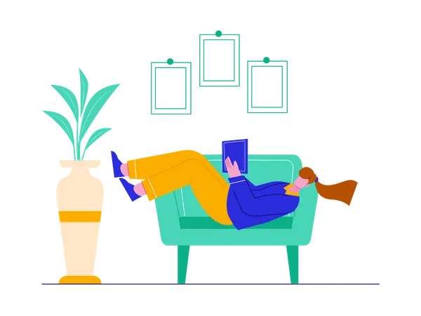 Girl reading book while sleeping on sofa  Illustration