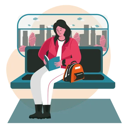 Girl reading book while travelling in a train Illustration
