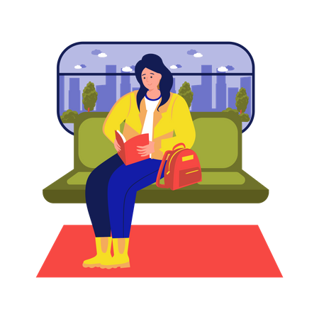Girl reading book while travelling in a train Illustration