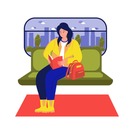 Girl reading book while travelling in a train  Illustration