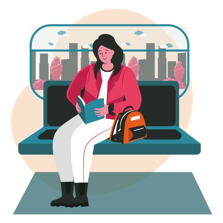 Girl reading book while travelling in a train  Illustration