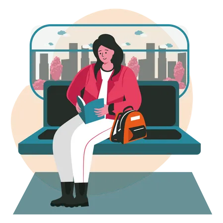 Girl reading book while travelling in a train  Illustration