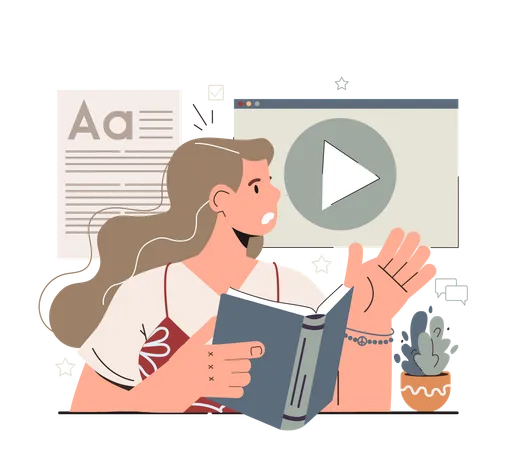 Girl reading book while watching video  Illustration