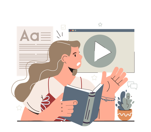 Girl reading book while watching video  Illustration