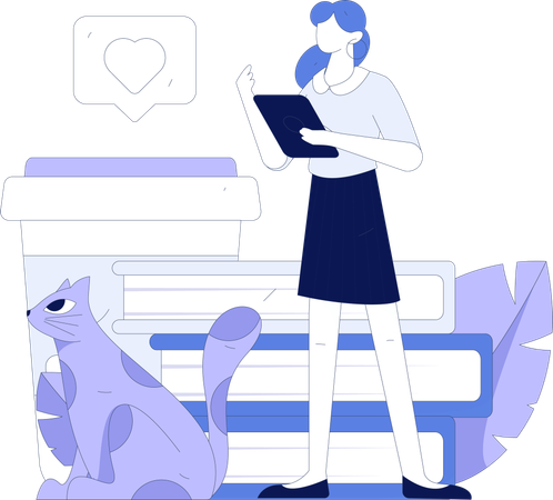 Girl reading book with her cat  Illustration