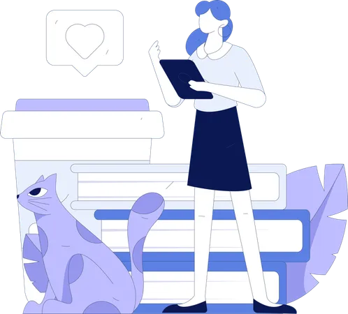 Girl reading book with her cat  Illustration